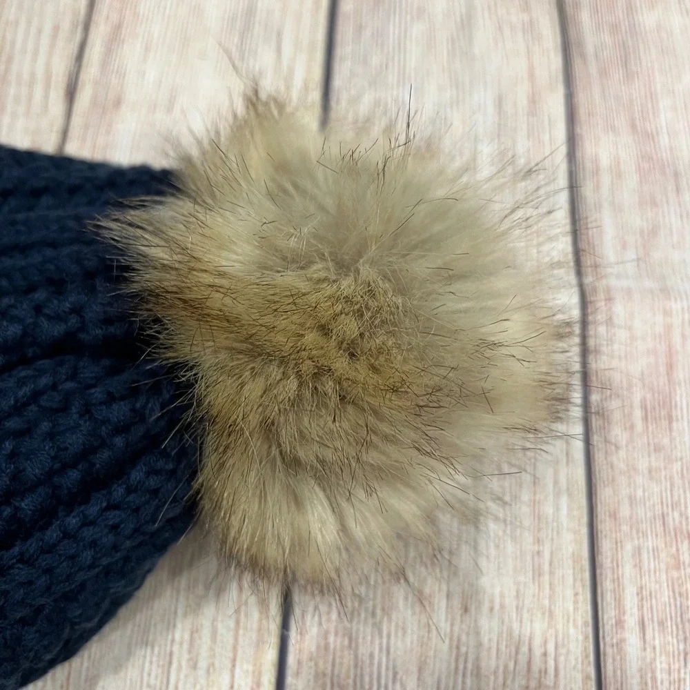 CC‎ Exclusives Kids Navy Blue Cable Knit Beanie Faux Fur Pom Fuzzy Lined Hat